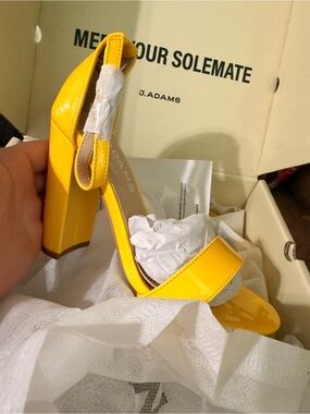J. Adams Yellow Patent Block Heel Sandals with Ankle Strap